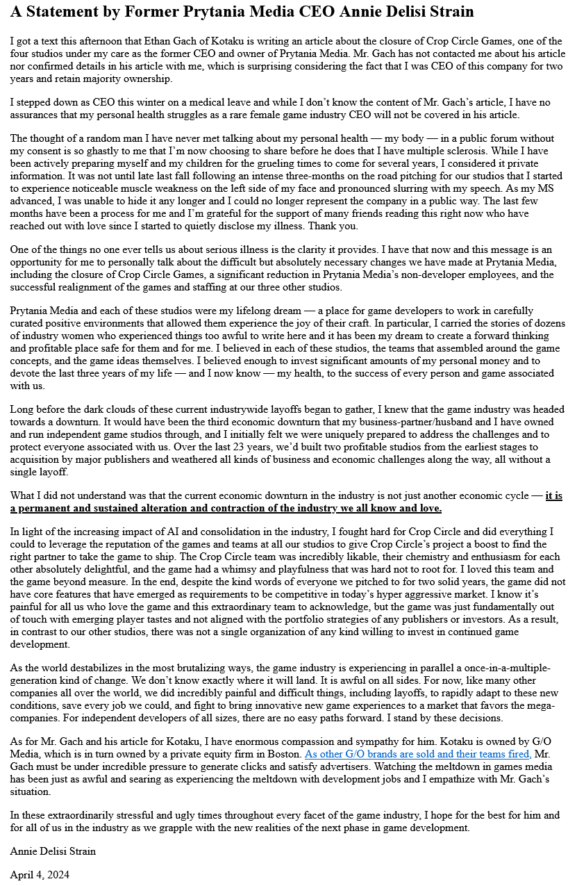 Crop Circle工作室關(guān)閉原因：開發(fā)中游戲沒有競爭力