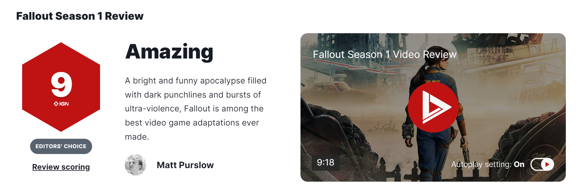 《輻射》真人劇口碑大爆！IGN 9分 爛番茄95%好評