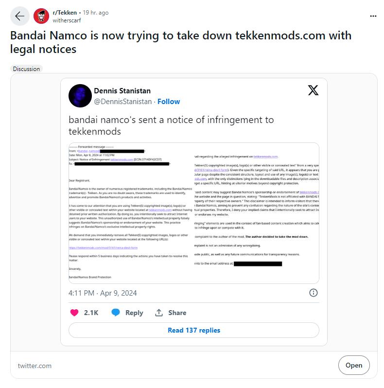 萬(wàn)代南夢(mèng)宮向《鐵拳》Mod網(wǎng)站發(fā)出侵權(quán)警告 要求刪除Mod