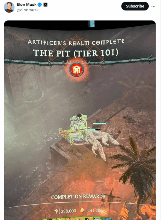 真游戲玩家！馬斯克曬《暗黑破壞神4》新成就