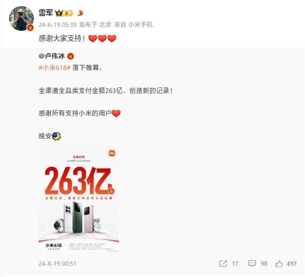 刷新歷年記錄 小米618銷售額破263億！雷軍感謝大家支持