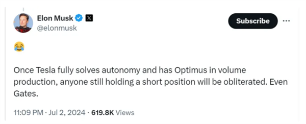特斯拉大漲10%！馬斯克霸氣喊話：蓋茨等特斯拉空頭將被消滅