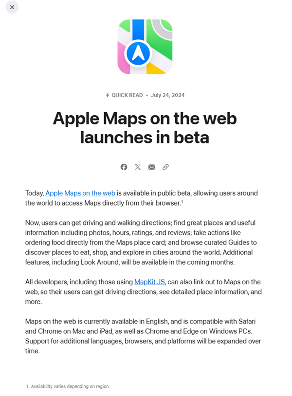 蘋果推出Apple Maps網(wǎng)頁版地圖：兼容Win PC Chrome、Edge瀏覽器