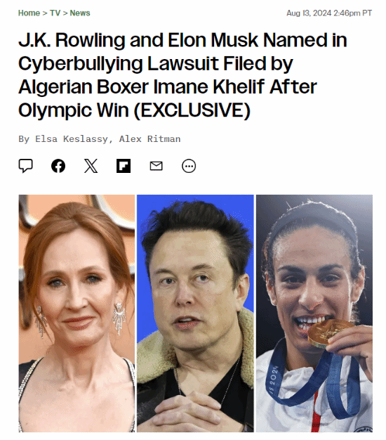 拿下奧運(yùn)會(huì)金牌！性別爭議拳手起訴馬斯克、JK羅琳：開始打擊網(wǎng)絡(luò)暴力