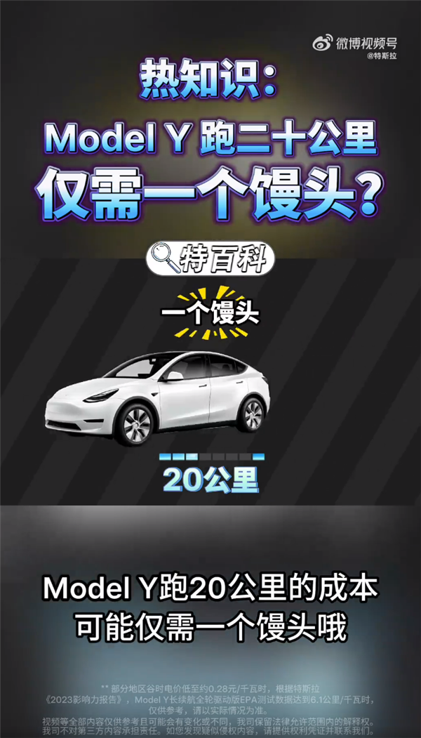 特斯拉：Model Y跑20公里僅需一個饅頭