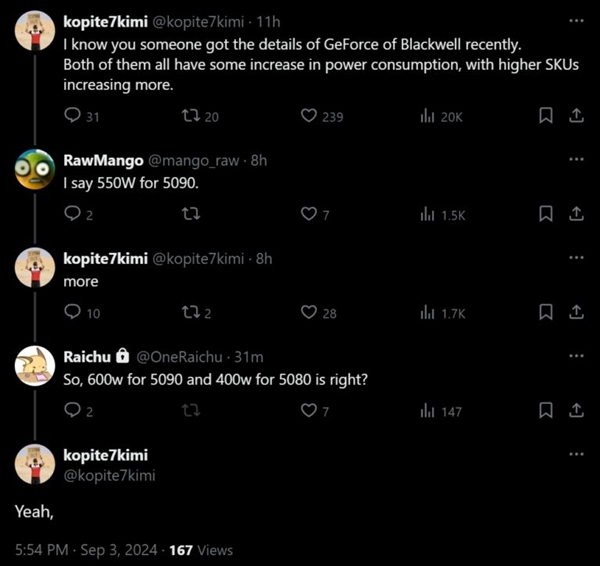 英偉達RTX 50系顯卡功耗曝光：5090比上代激增33%、性能比4090高70%