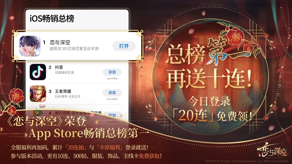 乙女手游《戀與深空》登頂蘋果App Store暢銷榜：超越抖音、《王者榮耀》