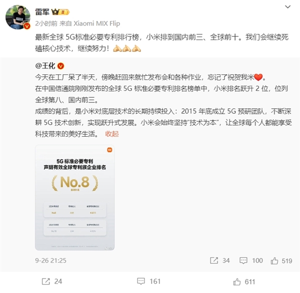 5G標(biāo)準(zhǔn)必要專利小米中國第三！僅次于華為中興 雷軍：繼續(xù)死磕核心技術(shù)