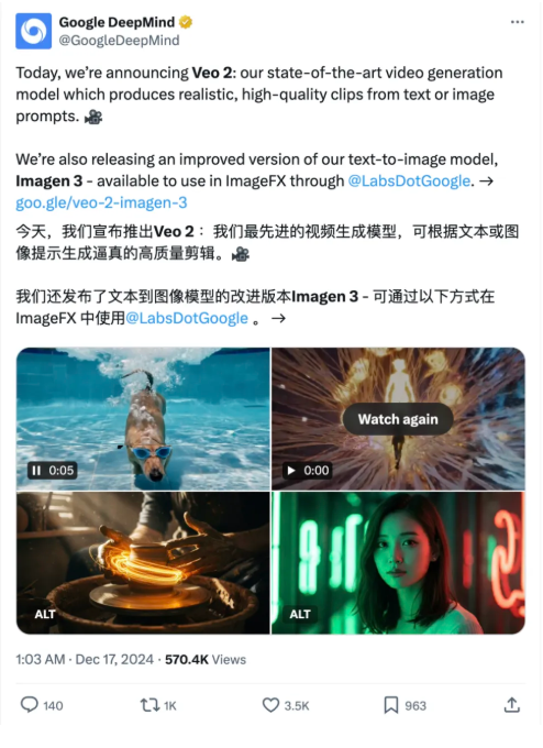 力壓Sora！谷歌第二代AI視頻生成模型Veo 2發(fā)布：分辨率可達(dá)4K