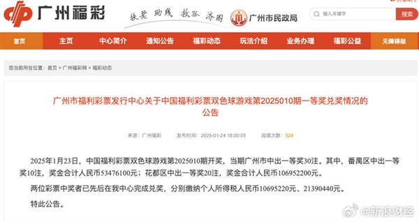 新年潑天運(yùn)氣！廣州兩彩民中獎(jiǎng)1.6億已兌獎(jiǎng) 納稅3000多萬(wàn)網(wǎng)友羨慕