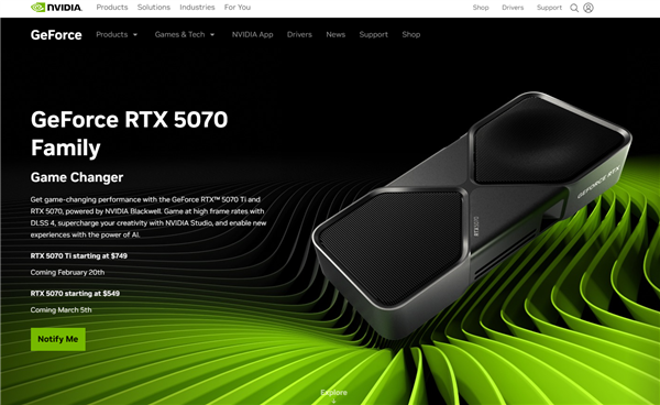 英偉達(dá)宣布RTX 5070顯卡延期上市：從2月跳票至3月5日