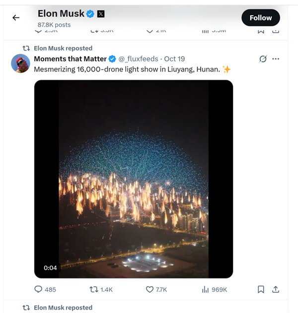 瀏陽(yáng)無(wú)人機(jī)煙花秀破世界記錄 馬斯克轉(zhuǎn)發(fā)相關(guān)視頻